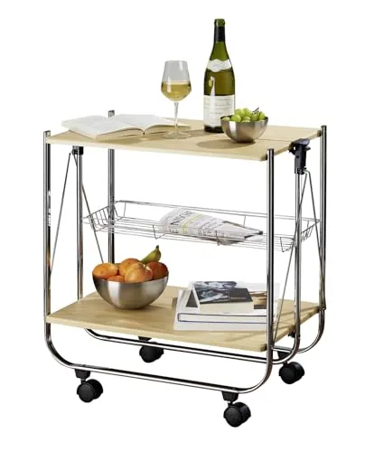 Wenko Rollwagen Dinett Deluxe, klappbar, silber/braun - Praktischer Rollwagen aus robustem Metall, mit 2 Ablageflächen und 4 Leichtlaufrollen, ideal für vielseitigen Einsatz in Küche oder Wohnzimmer.