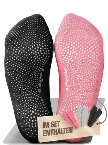 NirvanaShape Yoga & Pilates Socken [3 Paar, 42-44, Schwarz, Grau & Rosa] - Rutschfeste Yogasocken mit ABS Noppen für Damen u. Herren - Anti-Rutsch Stoppersocken aus bequemer Baumwolle