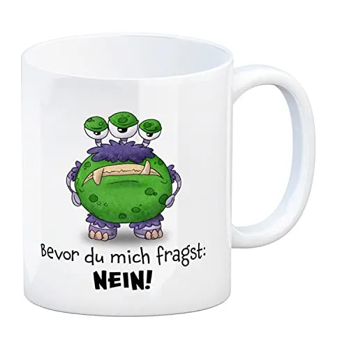 Freches Monster in grün-lila Kaffeebecher mit lustigem Spruch Bevor du mich fragst: NEIN! Tasse Kollegen Freunde und Kinder im Büro oder Zuhause