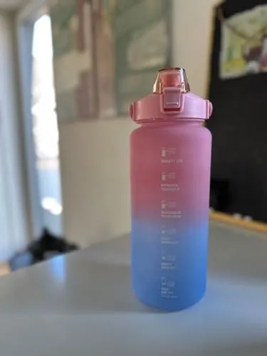 LS-LebenStil XXL Motivation Sportflasche Trinkflasche 2000ml Blau Rosa Wasserflasche Klappdeckel Trinkhalm auslaufsicher Trage-Griff für Uni, Arbeit, Fitness, Outdoor, Leicht, Wiederverwendbar