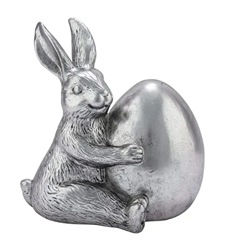 Gehlmann putziger sitzender Osterhase mit Osterei Keramik Silber antike Shabby Optik matt-glänzend