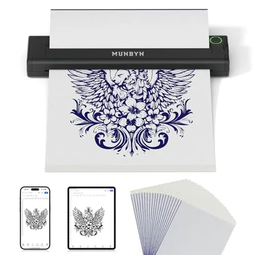 MUNBYN Tattoo Drucker Bluetooth, Stencil Drucker, Tattoo Printer Thermodrucker mit 20 Blatt A4 Transferpapier, Kompatibel mit Android iOS macOS Windows, ITP05, Schwarz