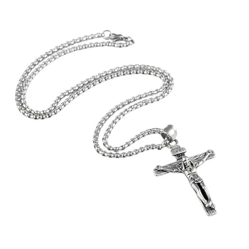 meberg Karma NHOP313504 Halskette mit Kreuz Silber Herren Edelstahl 54 cm Kette Herrenschmuck Edelstahlkette Männer Herrenhalskette Geschenk für Ihn Kreuzkette (Silber)