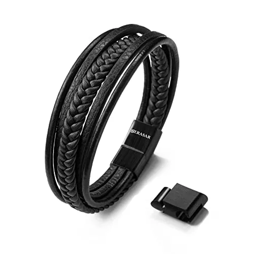 SERASAR Lederarmband Herren Schwarz 19cm - Elegantes Armband aus echtem Rindsleder mit gebürstetem Edelstahl und starkem Magnetverschluss, ideal für stilvolle Männer. Perfekt als Geschenk in einer hochwertigen Schmuckschachtel.