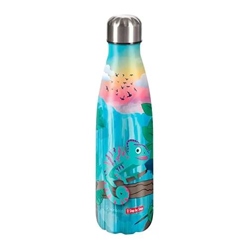 Step by Step Isolierte Trinkflasche aus Edelstahl, grün-türkis - Trinkflasche für Schule und Freizeit, auslaufsicher und BPA-frei, ideal für kohlensäurehaltige Getränke, 100% recycelbar, 0,5 Liter Kapazität.