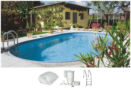 Clear Pool Ovalpool Set, 490x300x120 cm mit Edelstahlleiter - Ovaler Stahlwandpool für 14.000 l Wasser, inklusive 3-stufiger Edelstahlleiter. Ideal für Familien und Gartenpartys, robust und langlebig.