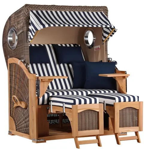 MR.DEKO Strandkorb Düne Bullauge Teak PE Grey - Luxus für zwei - Strandkorb aus massivem Teakholz mit exklusivem PE-Geflecht, ausziehbaren Fußstützen und luxuriöser Polsterung für perfekten Komfort im Freien.