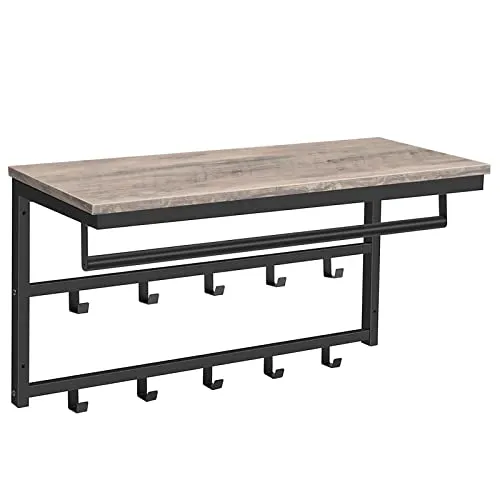 HOOBRO Wandgarderobe mit Ablage - Wandgarderobe mit 10 Haken und Stangen, ideal für platzsparende Organisation im Flur. Stilvolles Design in Greige und Schwarz.