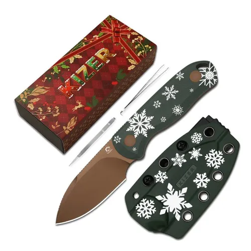 KIZER Christmas Drop Bear Fix Knife Full-Tang EDC-Messer D2 G10 Weihnachten Grün