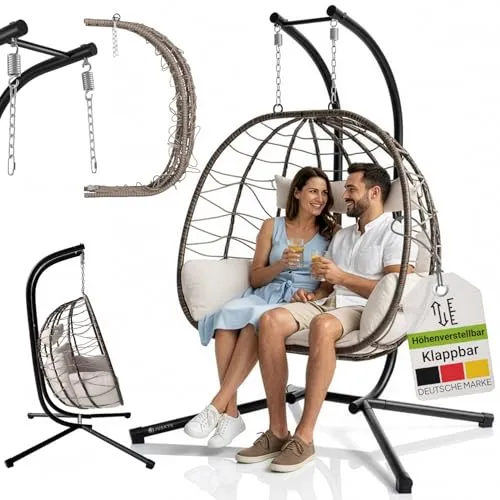 Juskys Doppelhängesessel Aria - Beige - Hängesessel für 2 Personen, aus wetterfestem Polyrattan mit weichem Kissen für ultimativen Komfort und stilvolles Lounge-Design.