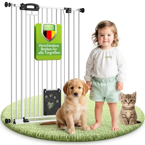 BOMI Türschutzgitter Tierschutzgitter mit Katzenklappe Merle - Treppenschutzgitter für Innen, mit verstellbarem Maß von 73-161 cm, bietet Sicherheit für Haustiere und hat eine praktische magnetische Katzenklappe.
