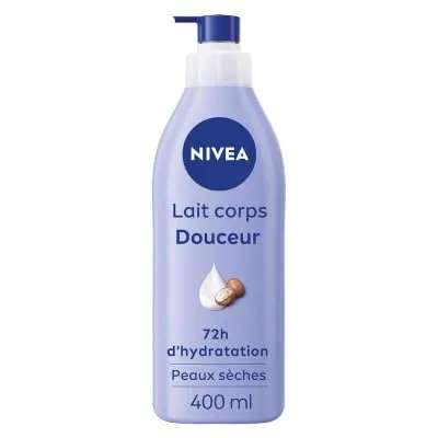 NIVEA Feuchtigkeitsspendende Körpermilch 72h (1 x 400 ml) – Feuchtigkeitscreme mit reiner Hyaluronsäure & Sheabutter – Körperpflege mit pflegendem Feuchtigkeitsserum für trockene Haut