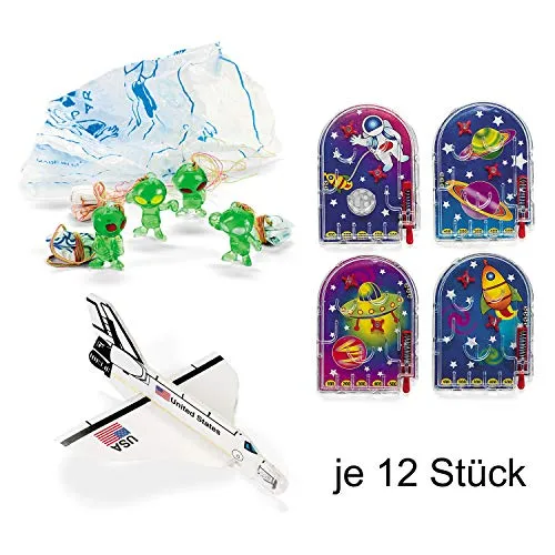 cama24com Weltraum Space Mitgebsel-Set B 36 Teile Space Shuttle Flipper Fallschirmspringer mit Palandi® Sticker