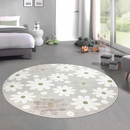 CARPETIA Runder Teppich mit Blumenmotiv für Kinderzimmer in beige von Carpetia