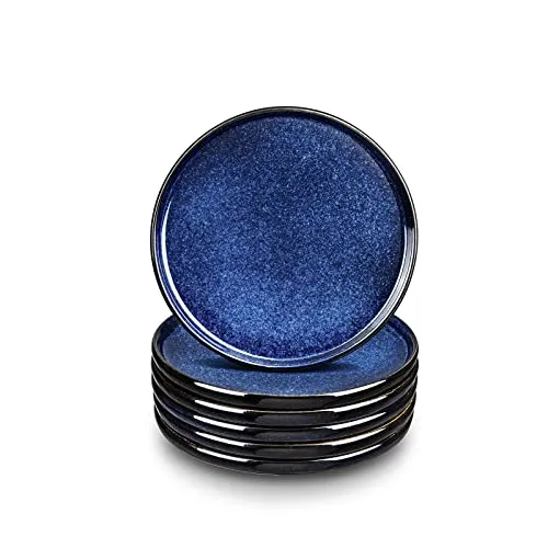 vicrays Keramik-Salatteller-Set – Porzellan, 20,3 cm, flache Dessert-Vorspeisen-Teller für Mittagessen, Zuhause, Party, Restaurant, kratzfest, mikrowellen- und spülmaschinenfest, 6 Stück (Blau)
