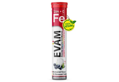 EVÄM Eisen + Vitamin C mit schwarze Johannisbeeren, vegan Brausetabletten, 1 er Rörchen à 20 St., 82 g, made in Germany
