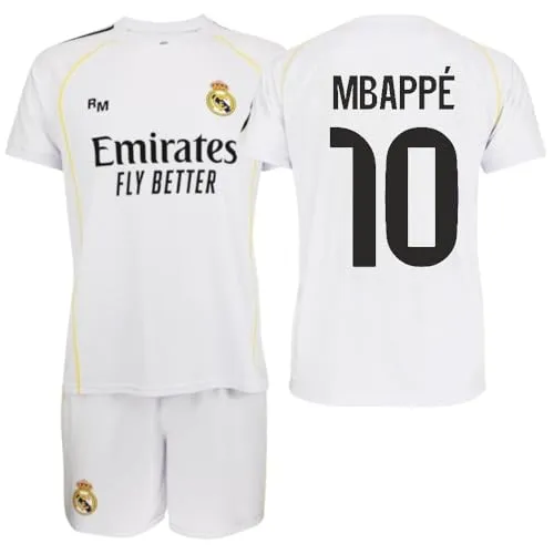 Real Madrid 25/26 Mbappé Heim Set Weiß 12 Years - Offizielles Real Madrid 25/26 Mbappé Heimtrikot-Set für junge Fans, mit feuchtigkeitsableitendem Gewebe für höchsten Komfort und dem Namen Mbappé sowie der Nummer 10, perfekt für Training und Spiele.