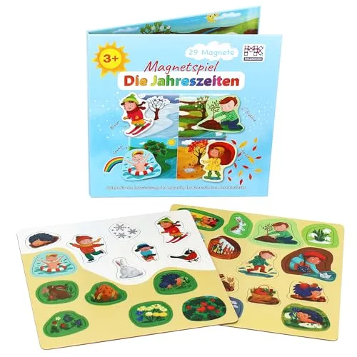 MAGNIKON Magnetspiel Jahreszeiten mit 29 Magneten, Motorikspielzeug mit großem Spielfeld für die Beschäftigung bei der Autofahrt, Spiel für Unterwegs mit Magnetpuzzlen, Magnetbuch ab 3 Jahren