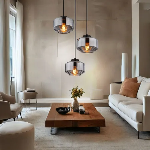 Moderne 3-flammige LED Pendellampe für Esstisch - Elegante Hängeleuchte in schwarz mit rauchfarbenen Glasschirmen, ideal für stimmungsvolles Licht im Wohnzimmer. Inklusive 3x 7W LED Leuchtmittel für warmweißes Licht und hohe Energieeffizienz.