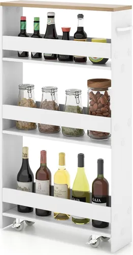 GOPLUS 13 cm breites Nischenregal mit Rollen, 4 Ebenen Regalwagen mit Griff, Küchenregal Küchenwagen schmal für Küche, Bad & Wäsche (Weiß, Natur)