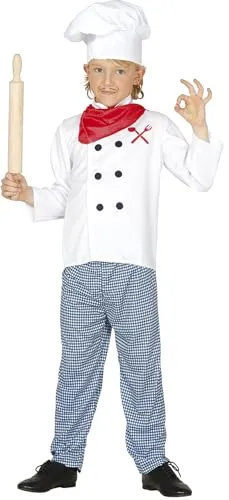 Guirca Koch-Kostüm mit Anzug und Mütze, für Kinder von 7-9 Jahren, weiß und blau (83363)