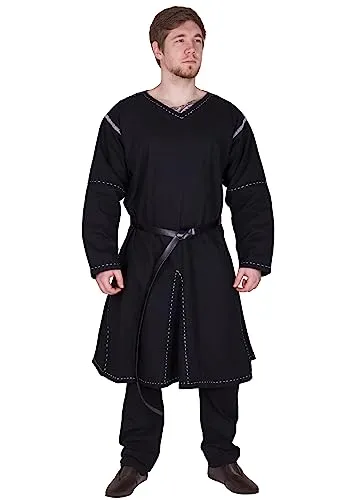 Battle-Merchant Mittelalter Tunika Askur | Wikinger Kleidung in Schwarz (XXL) - Herrenhemden aus 100% Baumwolle, authentische Wikinger-Tunika mit handgearbeiteten Ziernähten, ideal für LARP und Mittelaltermärkte.