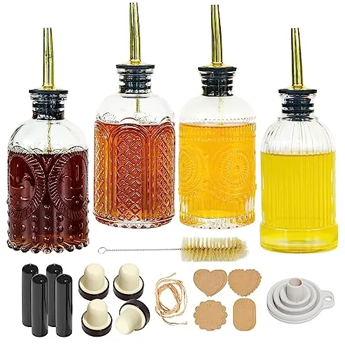 Oudizz Essig und ölflaschen Set mit Ausgießer 4 Stück 200ml Kaffee Sirup Spender mit Metall Gießen für Kaffeebar - Kaffee Sirup Spenderflasche mit Ölgießdüse, Trichter, Karte, Stopfen