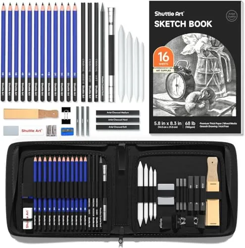 Shuttle Art Zeichenset, 37 teiliges professionelles Zeichenstifte Set mit Zeichenblock, Federmappe, Graphitstift, Kohlestift, Zeichenkohle und komplettem zeichnen Zubehör für Erwachsene und Kinder