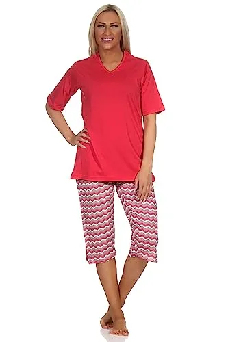 Normann Cooler Damen Capri Pyjama mit 3/4 Capri Shorts, Schlafanzug im Ethno-Style, Farbe:rot, Größe:44-46