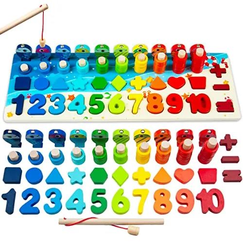 Faerly® Montessori Spielzeug magnetisches Angelspiel - Holzpuzzle Fische Lernspielzeug Holzspielzeug Motorikspielzeug für Kinder ab 2 3 4 5 6 Jahren Puzzle Regenbogen Angeln Kinderspielzeug
