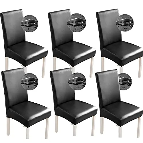 Bestenrose Stuhlhussen 6er/4er PU Leder Stuhlbezug wasserdichte Stretch Esszimmer Stuhlüberzug Stretch Stuhl Husse Universell Stuhlhussen Haus Büro Restaurant (6-Stück, Schwarz)