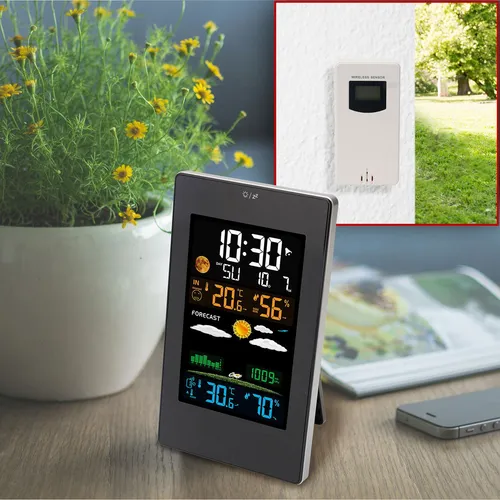 Casativo Moderne Wetterstation mit LCD-Farbdisplay, Funk-Außensensor und USB-Ladeport