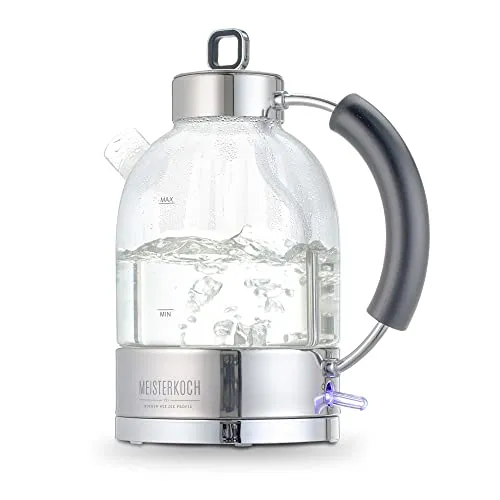 Meisterkoch Kessel-Wasserkocher WK-161G aus Glas, 1,6 Liter - Wasserkocher mit 2200 Watt, BPA-frei und Trockengehschutz. Ideal für schnelles Erhitzen von Wasser in nur 3 Minuten, mit praktischem Knopfdruck-Öffnen und Kalkfilter.