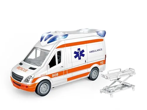 Teorema Giocattoli, Krankenwagen Play City Maßstab 1:12, Einsatzbereites Spielzeug für Kinder, Notfallfahrzeug mit Lichtern, Geräuschen und Verstellbarer Trage, Kinderauto mit Kupplung