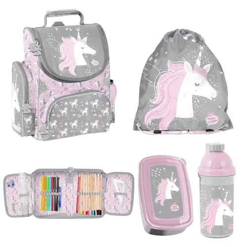 PASO Schulranzen Set Einhorn (5-teilig) - Schulranzen-Set bestehend aus Ranzen, Turnbeutel, Federmappe, Brotdose und Trinkflasche, ideal für kleine Einhorn-Fans mit ergonomischem Design und viel Stauraum.