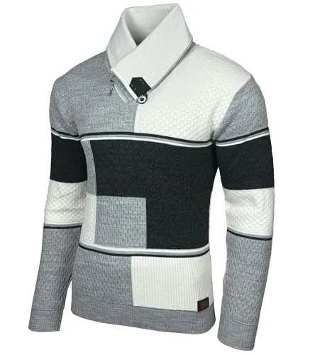 Baxboy Herren Feinstrick Pullover Strickpullover Stehkragen Winter-Freizeit-Jacke Muster Design Meliert Sweatshirt Pulli B-52213, Farbe:Grau_1, Größe:XXL