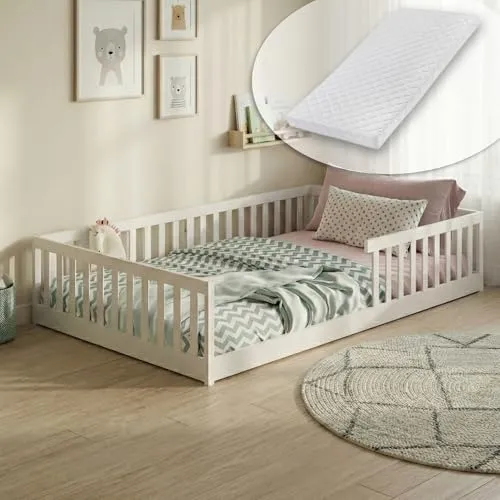 Montessori Kinderbett 140x200 cm mit Matratze und Rausfallschutz - Bodenbett für Kinder, inklusive hochwertiger Kaltschaummatratze und anpassbarem Rausfallschutz. Fördert selbstständiges Ein- und Aussteigen nach Montessori-Prinzipien.