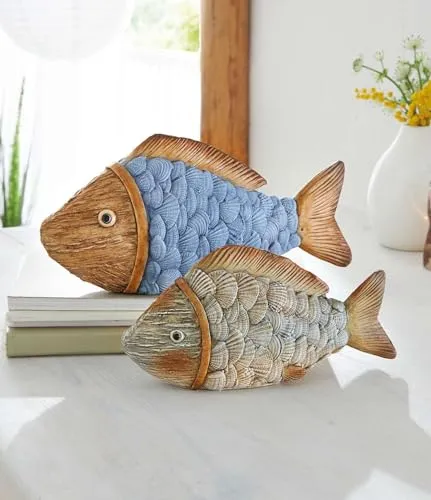 Dekoleidenschaft Dekofigur Fisch aus Polyresin - Sammlerfiguren im 2er Set, detailreich und bunt gestaltet, ideal für maritime Tischdeko in Bad, Küche oder Wohnzimmer.