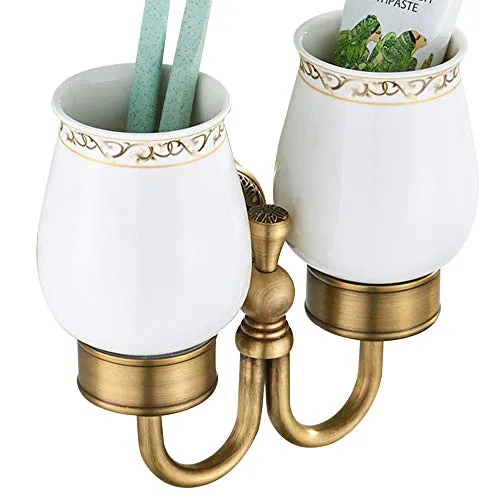 Weare Home Antike Zahnputzbecherhalter, Messing Zahnbecherhalter,Retro Klassic Solide Kupfer Zahnbürstenhalter und Keramik Glas Form Doppelt Zahnbürstenhalter