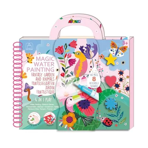Avenir 6301895 Ausmalspiel Fantasiegarten, 4in1 Aktivitätenbuch, DIY Kreativ-Set mit Ausmalbildern, Stempel, Schablonen und Rätselspielen, für Kinder ab 3 Jahren