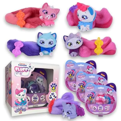 sbabam Funny Box Flauschige Katze, Katzenspielzeug für Kinder mit langem Flauschigen Schwanz, 3 Stück – Aufkleber, Tattoos und Zubehör inklusive, Kätzchen und Stofftiere für Mädchen als Geschenke