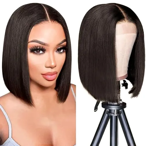 PORSMEER Perücken für Frauen dunkelbraunes Haar gerade Bob Perücke Handgebundene hitzebeständige Haaranleitung Schulterlänge natürlicher Mittelteil Lace Front Wig(12 Zoll)