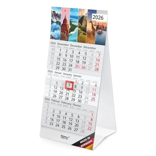 Timr Tischkalender 2026 klein zum Aufstellen - 3 Monatskalender mit Schieber - Kalender für Tisch Büro - Motiv Kontinente I tr359
