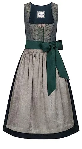 Nübler Dirndl midi Damen LEA Grün - 2-teiliges Set inkl. Kleid & glänzender Streifenschürze, Blumenmuster am Mieder, eckiger Ausschnitt mit Stoffborte, Rocklänge 70cm - Elegante Tracht, Größe:46