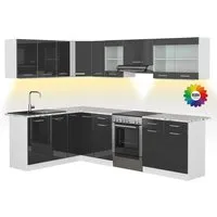 Vicco Winkelküche Rick, Weiß/Anthrazit Hochglanz, 267 x 167 cm - Küchenzeilen mit modularer Bauweise, ideal für individuelle Anpassungen und Erweiterungen, inklusive eleganter LED-Beleuchtung für ein modernes Ambiente.