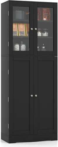 GOPLUS Küchenschrank mit Glastüren - Küchenunterschrank mit elegantem Design, reichlich Stauraum und Kippschutz für Sicherheit. Ideal für die stilvolle Aufbewahrung in Küche oder Wohnzimmer.