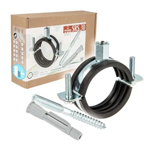 tecuro Schraubrohrschelle M8/M10 Spannbereich 74-80 mm Stahl verzinkt, inkl. Stockschraube M8 x 80 mm und Universal Hohlraumdübel, mit Schallschutzeinlage - 10-er Kombi-Set 527480-S80 Rohrschelle