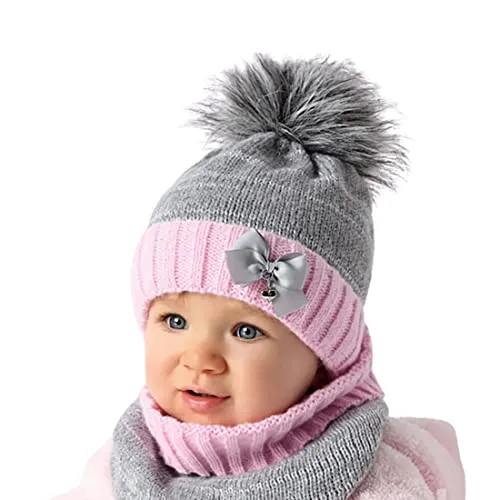 Smarilla Baby Mädchen Winter Mütze Set mit Loop Schal - Hüte, Mützen & Caps für Baby-Mädchen – Trendige Strickmütze mit Bommel und passendem Schlauchschal, kuschelig weich und ideal für kalte Wintertage.