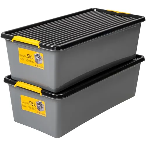KONZEPT 2 Stück Aufbewahrungsbox mit Deckel und Rollen 55 L – inkl. beschriftbaren Etiketten, aus hochwertigem Kunststoff, stapelbar und stabilen Verschlussclips, ideal für Keller, Werkstatt, Garage