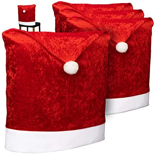 com-four® 4X Premium Stuhlhusse - Festliche Weihnachtsdekoration für Stühle - Hochwertige Stuhlhussen im Weihnachtsmützen-Design für eine festliche Atmosphäre. Ideal für Küche, Esszimmer und Wohnzimmer, sorgen sie für ein harmonisches Bild an jeder Weihnachtstafel. Wiederverwendbar und einfach anzubringen!